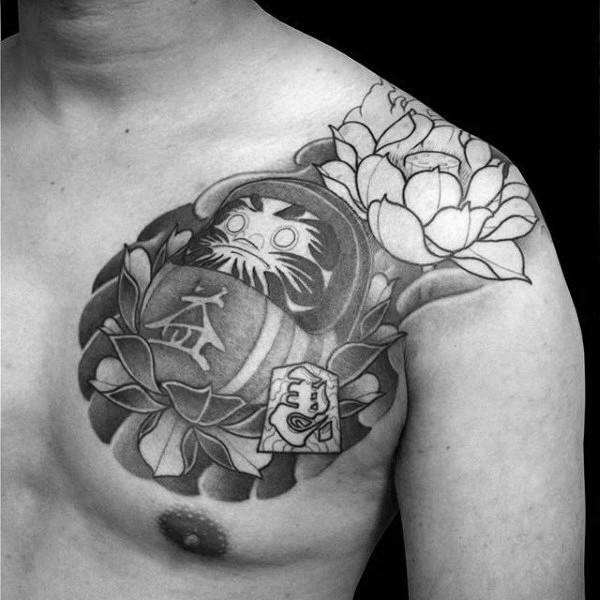 Engraving style black ink chest tattoo of daruma doll with large flowers