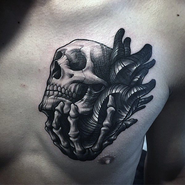 Engraving style black ink chest tattoo of human heart with skeleton