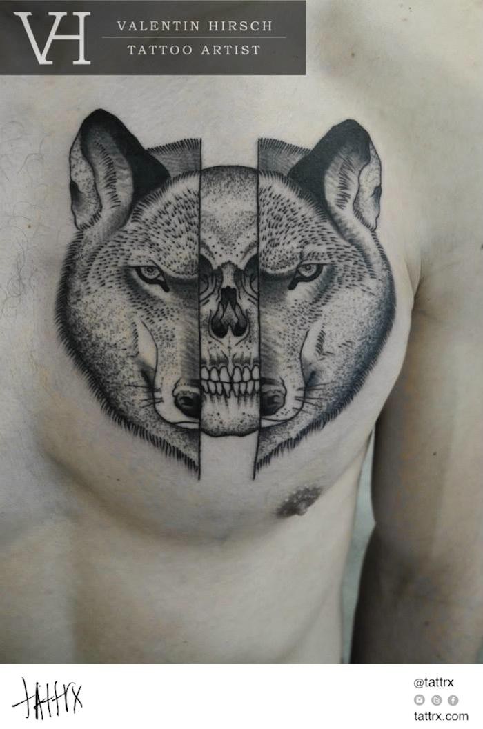 Engraving style black ink chest tattoo of wolf head with human skull