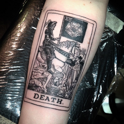 Engraving style black ink forearm tattoo of awesome Death card