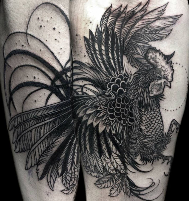 Engraving style black ink forearm tattoo of fighting cock