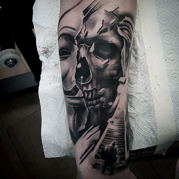 Engraving style black ink forearm tattoo of Anonymous mask and skull