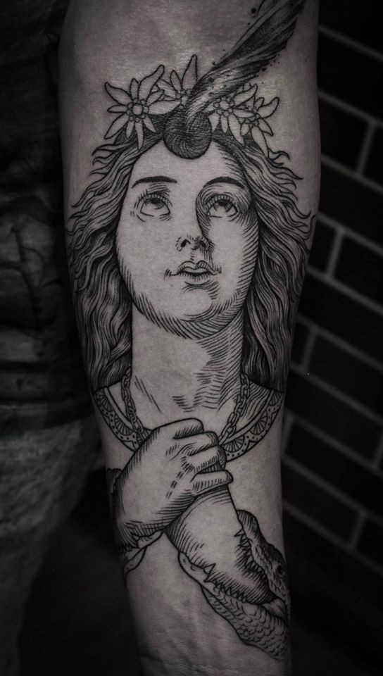 Engraving style black ink forearm tattoo of ancient woman face and flowers