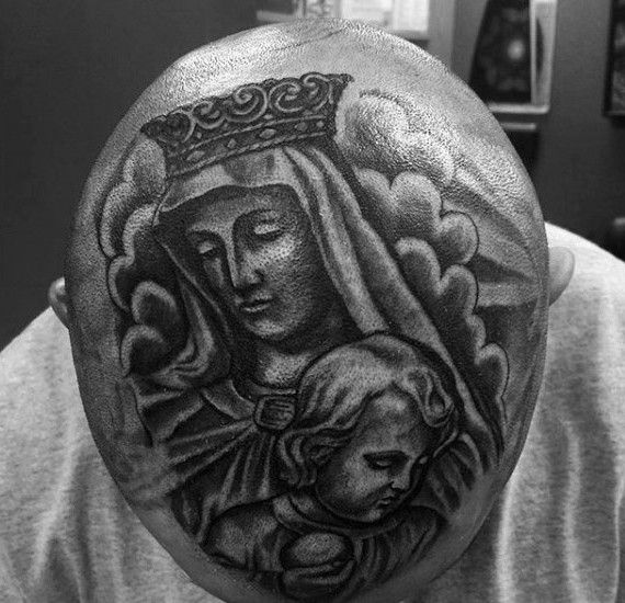 Engraving style black ink head tattoo of saint woman with little child