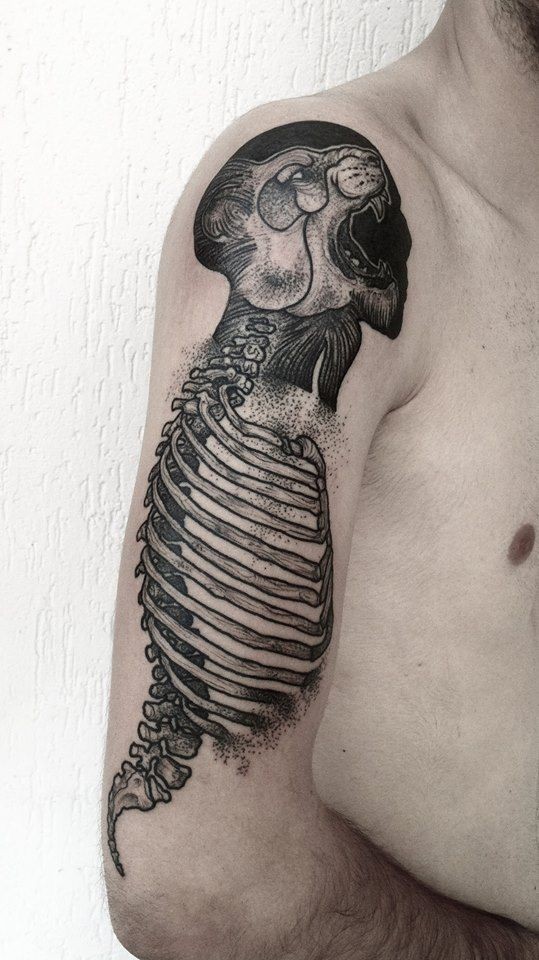 Engraving style black ink human skeleton with lion head