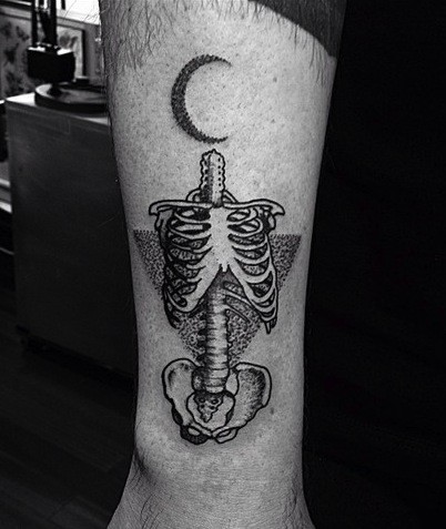Engraving style black ink human skull with moon tattoo