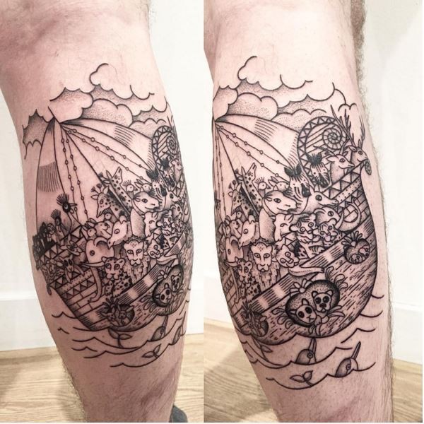 Engraving style black ink leg tattoo of sailing ship with various animals