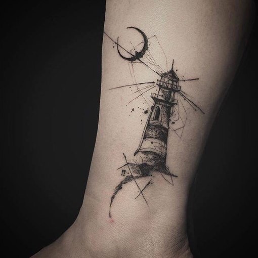 Gravur Stil schwarzes Bein Tattoo mit Leuchtturm und Mond