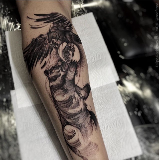 Engraving style black ink leg tattoo of bear fighting owl