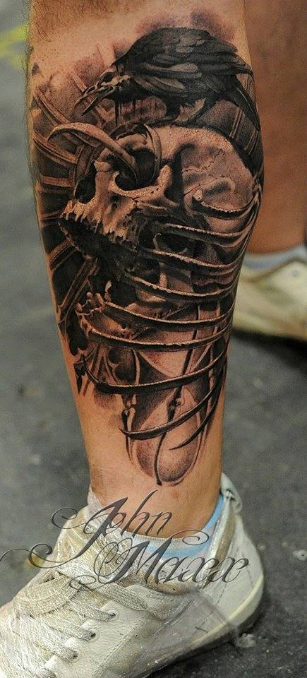 Engraving style black ink leg tattoo of skull with crow and bones