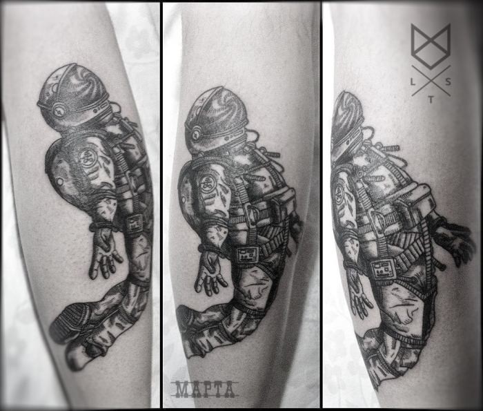 Engraving style black ink leg tattoo of space man