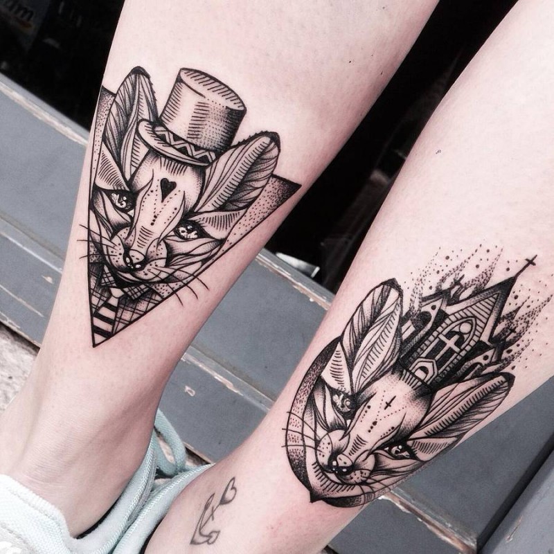 Engraving style black ink leg tattoo of cute cats with hats