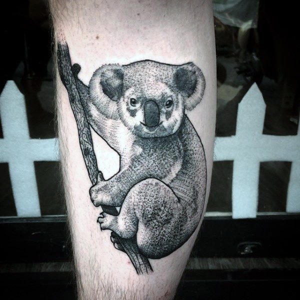 Engraving style black ink leg tattoo of cute koala bear