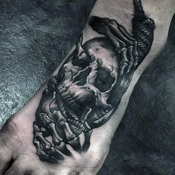 Engraving style black ink leg tattoo of human skeleton