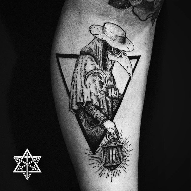 Engraving style black ink leg tattoo of plague doctor with triangle