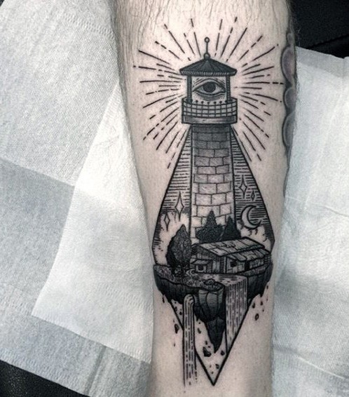 Engraving style black ink leg tattoo of mystical lighthouse and small waterfall