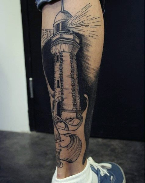 Engraving style black ink leg tattoo of stone lighthouse and various waves