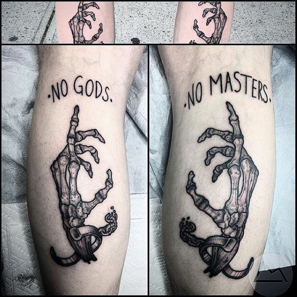 Engraving style black ink legs tattoo of human bone hands with lettering
