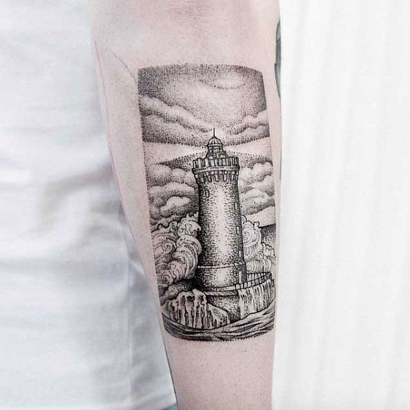 Engraving style black ink little forearm tattoo of of lighthouse and waves
