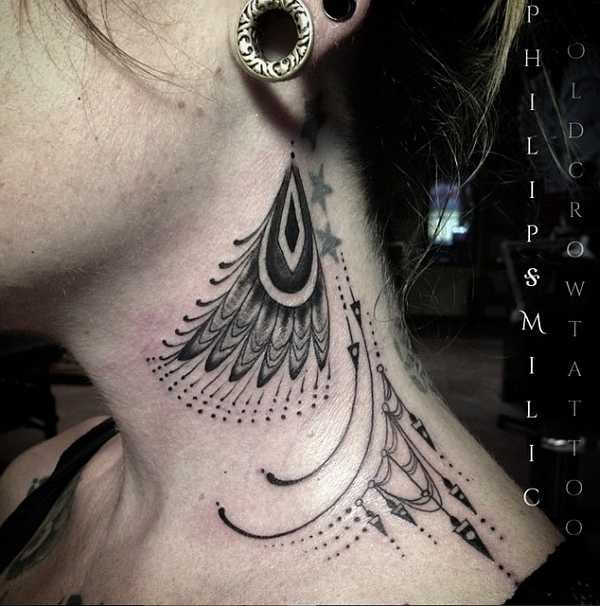 Engraving style black ink neck tattoo of various ornaments and stars