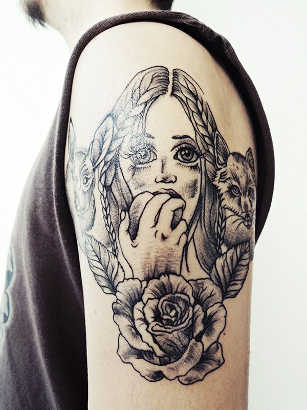 Engraving style black ink shoulder tattoo of woman with cat, rabbit and rose