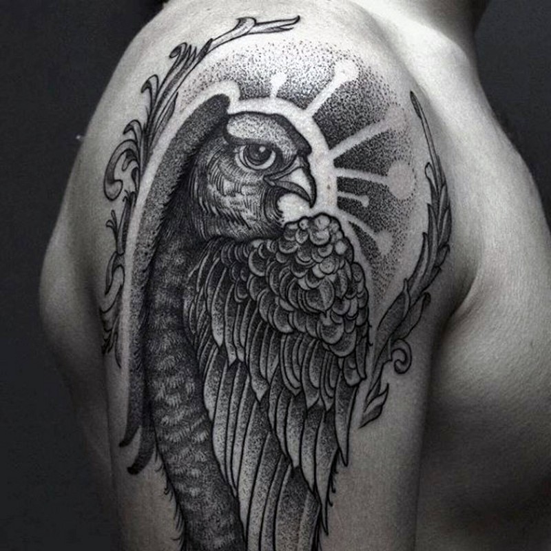 Engraving style black ink shoulder tattoo of beautiful eagle