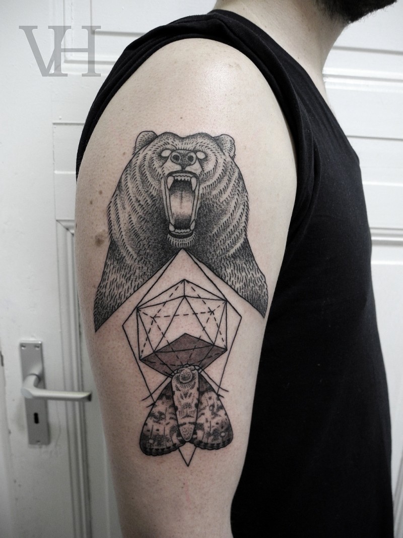 Engraving style black ink shoulder tattoo of roaring bear with butterfly and figures