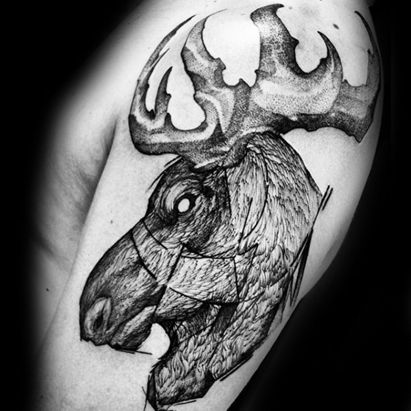 Engraving style black ink shoulder tattoo of big elk head