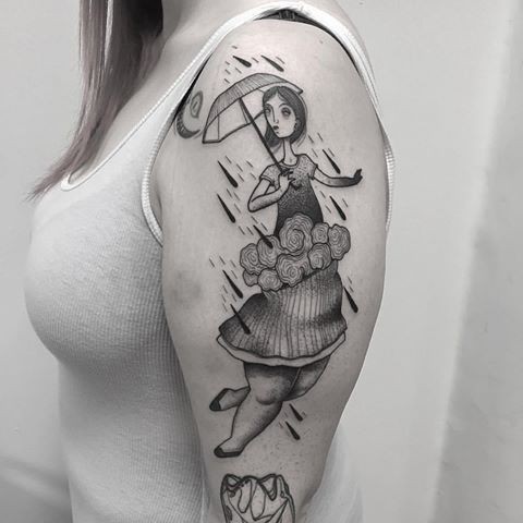 Engraving style black ink shoulder tattoo of incredible looking woman with umbrella