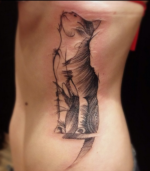 Engraving style black ink side tattoo of sweet cat