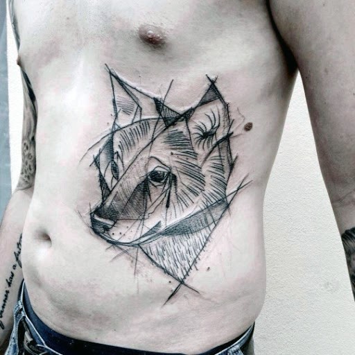 Engraving style black ink side tattoo of wolf head