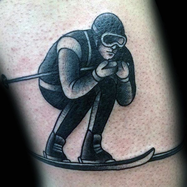 Engraving style black ink ski man tattoo on arm