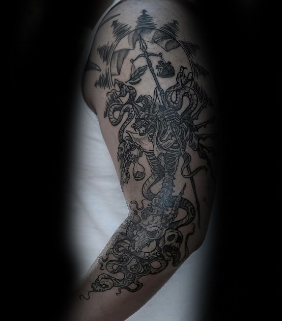 Engraving style black ink sleeve tattoo of creepy skeleton with libra and snake