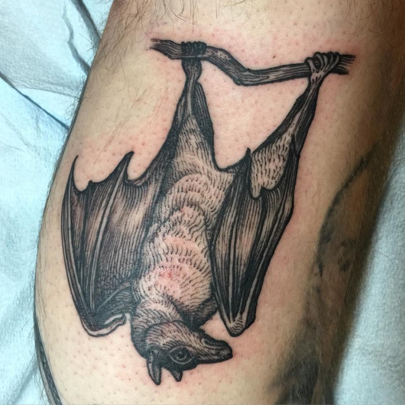 Engraving style black ink tattoo of big black bat