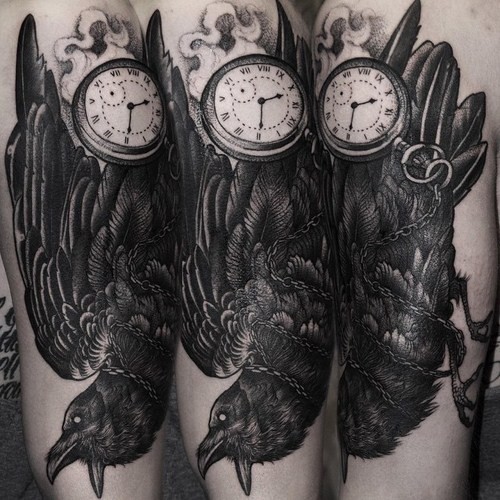 Engraving style black ink tattoo of chained crow and clock