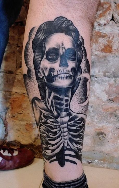 Engraving style black ink tattoo of creepy woman skeleton