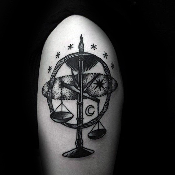 Engraving style black ink tattoo of libra with stars
