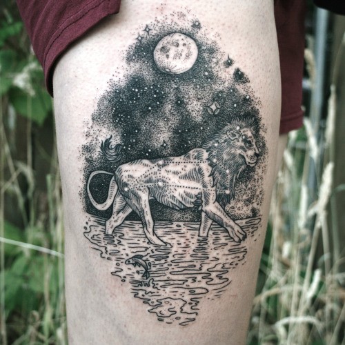 Engraving style black ink tattoo of lion with night sky