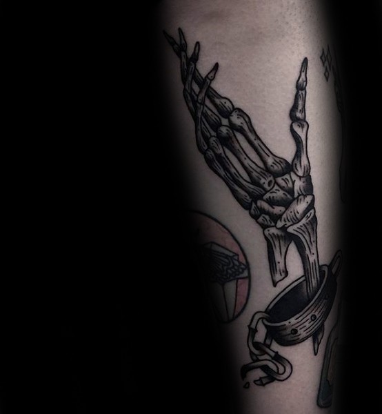 Engraving style black ink tattoo of tied human skeleton