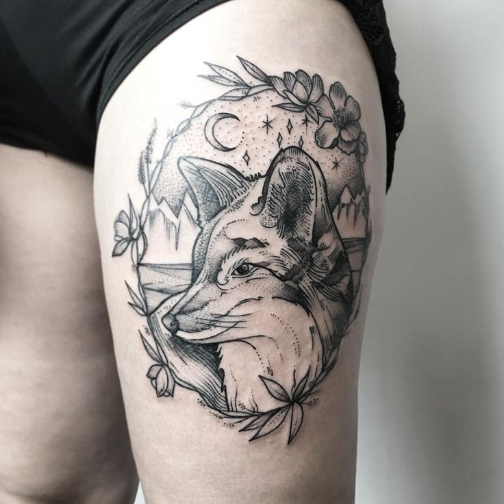 Engraving style black ink thigh tattoo fo cute fox with night sky and flowers