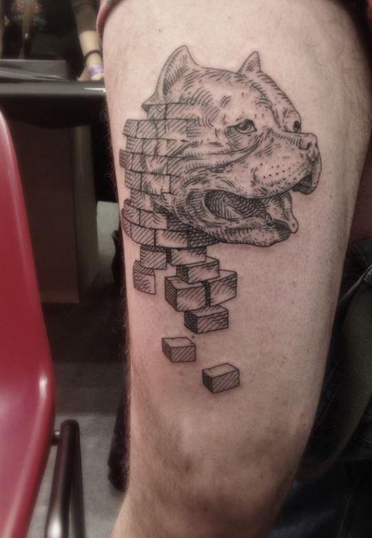 Engraving style black ink thigh tattoo of dog face with bricks