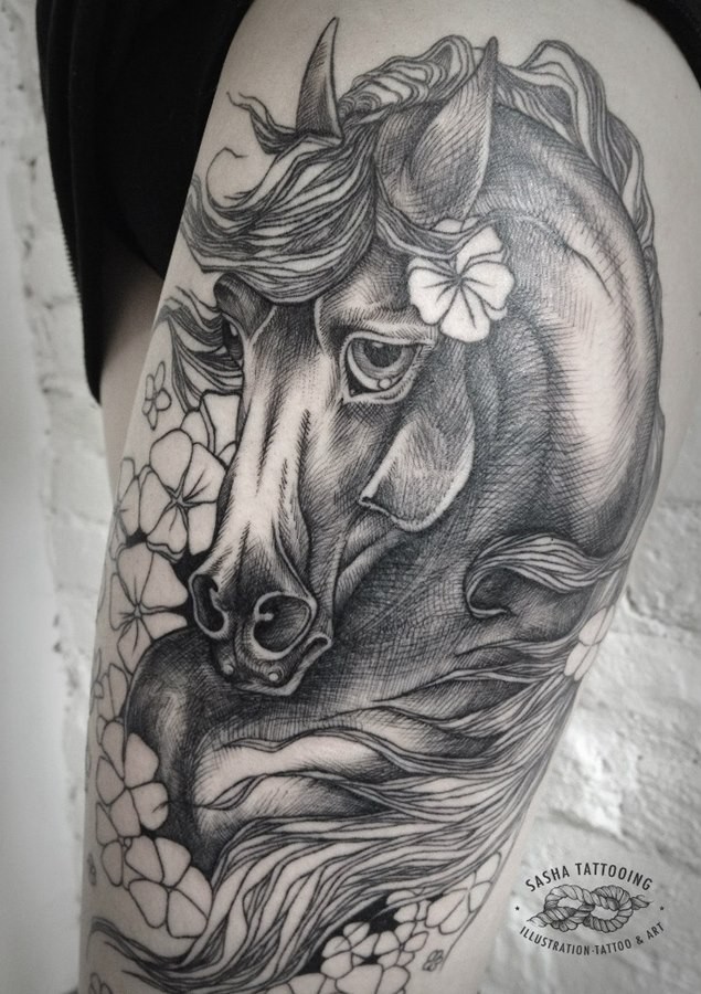Engraving style black ink thigh tattoo of cute horse with flower