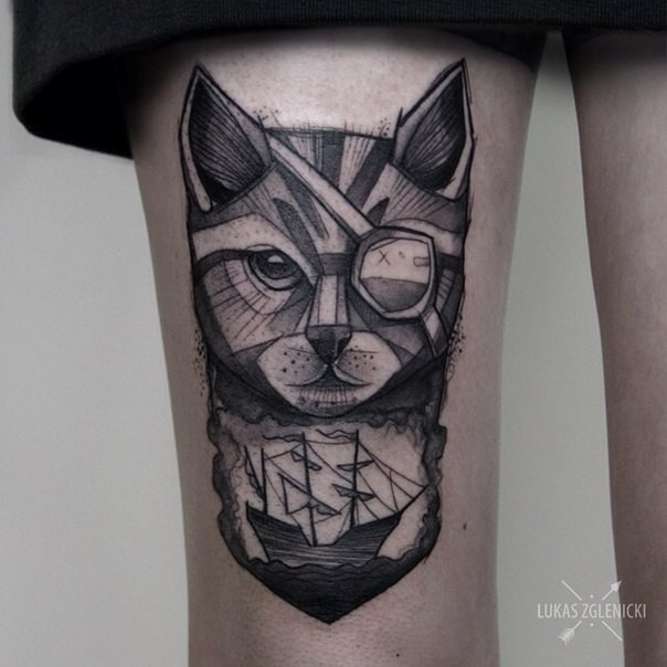 Engraving style black ink thigh tattoo of pirate cat with sailing ship