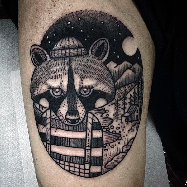 Engraving style black ink thigh tattoo of funny raccoon in night forest