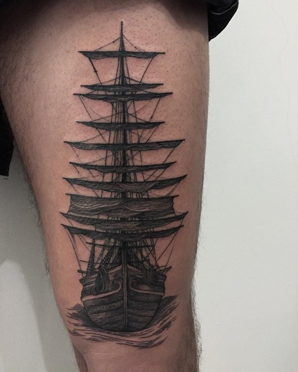 Engraving style black ink thigh tattoo of big sailing ship