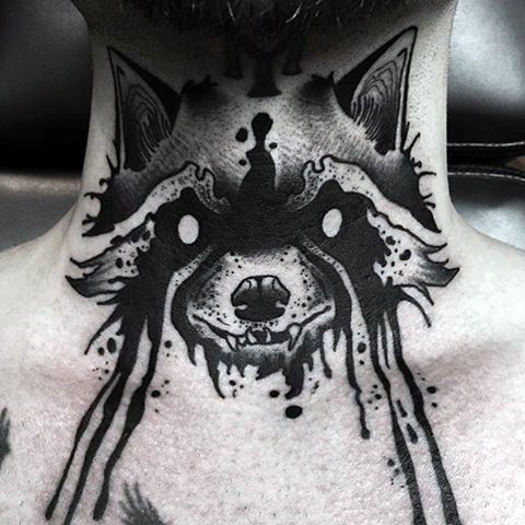 Engraving style black ink throat tattoo fo evil raccoon