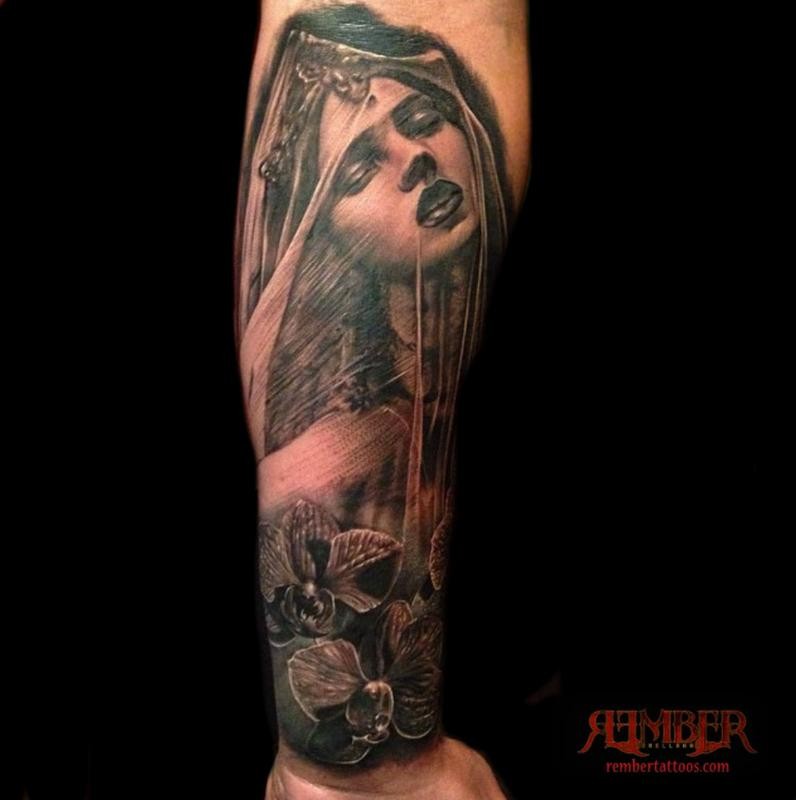 Engraving style colored arm tattoo of ancient woman statue with flowers