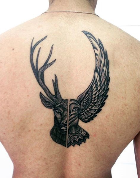 Engraving style colored back tattoo of deer with flying owl