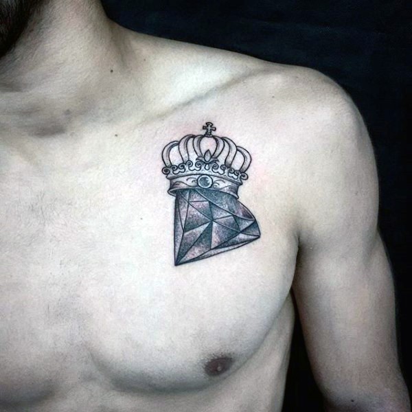 Engraving style colored chest tattoo of diamond and crown