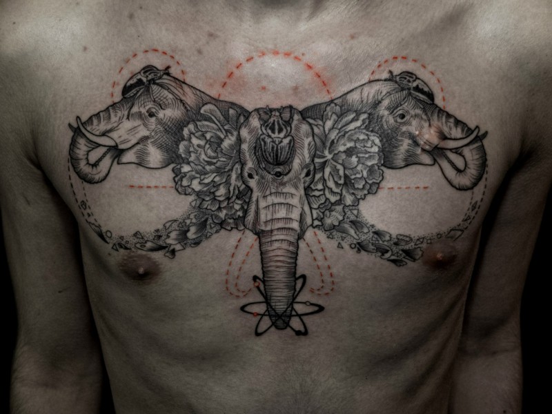 Engraving style colored chest tattoo of cool elephants